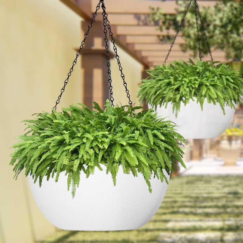 WOUSIWER 13 inch 2Pack Large Hanging Planters for Outdoor Indoor Plants with Drainage Holes and Chain, Round Hanging Flower Pots for Garden Home Porch Decor, White - Image 3